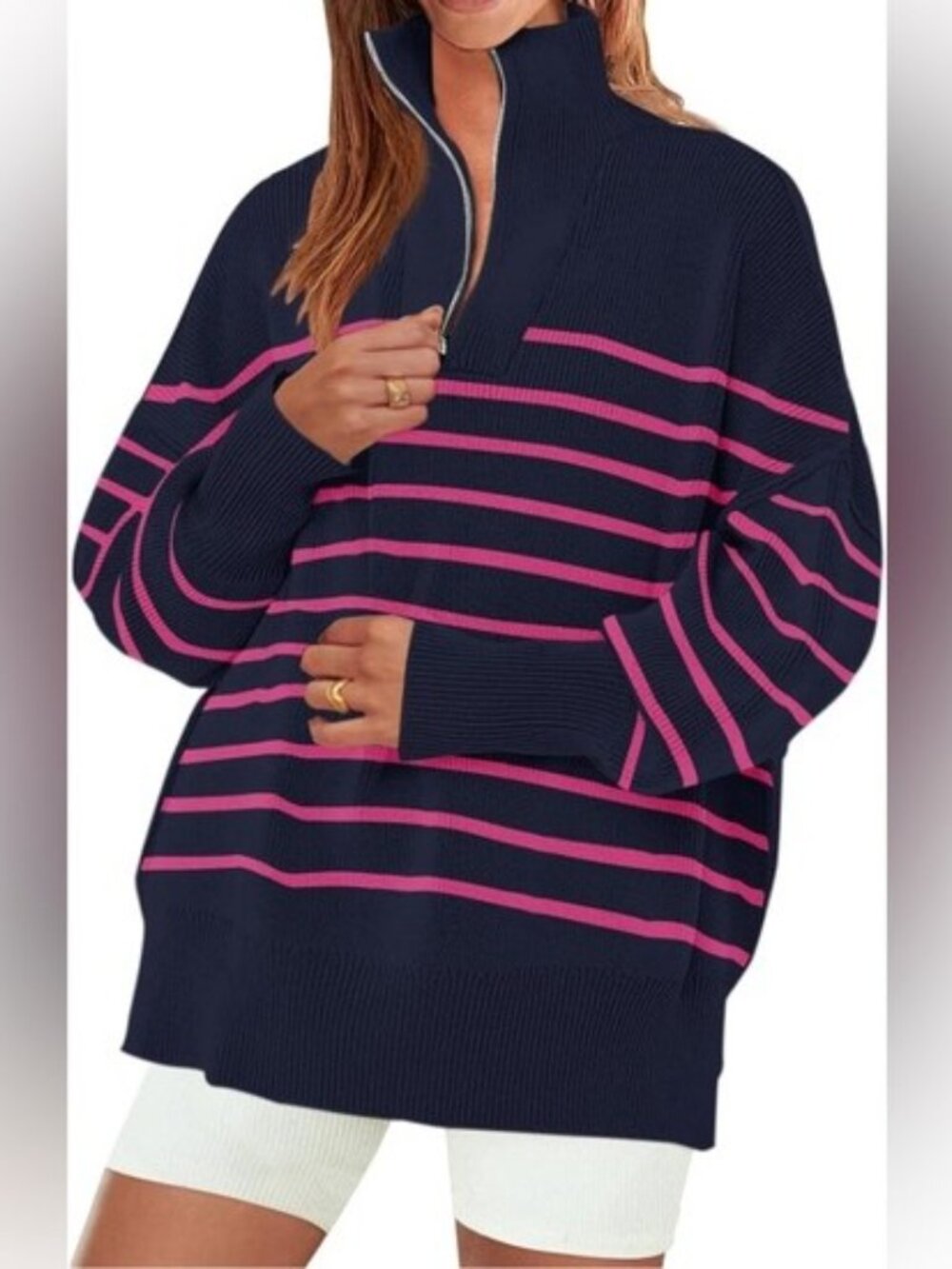 Zesica Women's Size M Navy & Pink Sweater half zipper.
